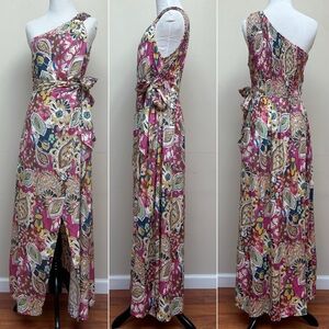 Boho One Shoulder Multicolor Floral Maxi Dress with Tie Waist